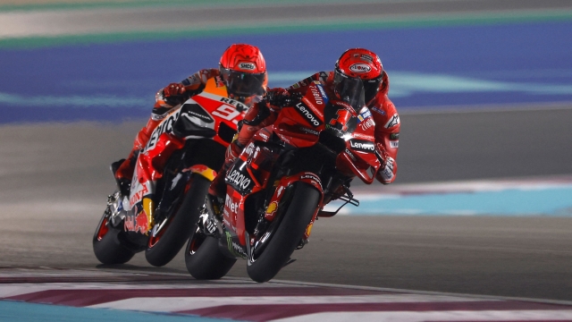 Ducati Lenovo Team Italian rider Francesco Bagnaia competes during the practice session ahead of the Moto GP Grand Prix of Doha at the Losail International Circuit, in the city of Lusail on November 17, 2023. (Photo by KARIM JAAFAR / AFP)
