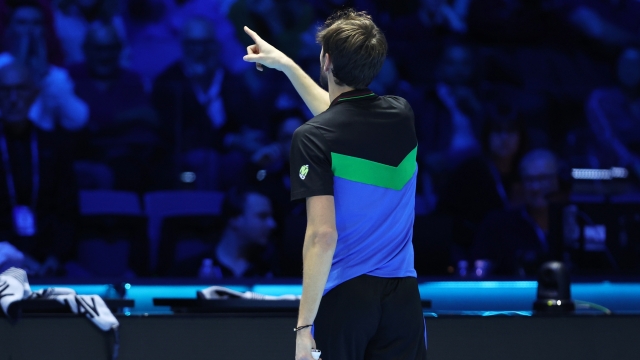 TURIN, ITALY - NOVEMBER 18: Daniil Medvedev reacts towards a member of the crowd during the Men's Singles Semi Final match on day seven of the Nitto ATP Finals at Pala Alpitour on November 18, 2023 in Turin, Italy. (Photo by Clive Brunskill/Getty Images)