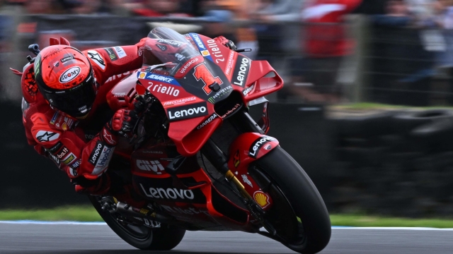 Ducati Lenovo Team's Italian rider Francesco Bagnaia competes during the second free practice session of the MotoGP Australian Grand Prix at Phillip Island on October 21, 2023. (Photo by Paul CROCK / AFP) / -- IMAGE RESTRICTED TO EDITORIAL USE - STRICTLY NO COMMERCIAL USE --