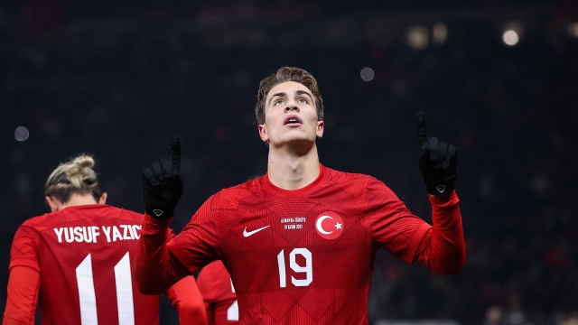 Turkey's forward #19 Kenan Yildiz celebrates during the international friendly football match between Germany and Turkey at the Olympic Stadium in Berlin on November 18, 2023, in preparation for the UEFA Euro 2024 in Germany. (Photo by Ronny Hartmann / AFP)