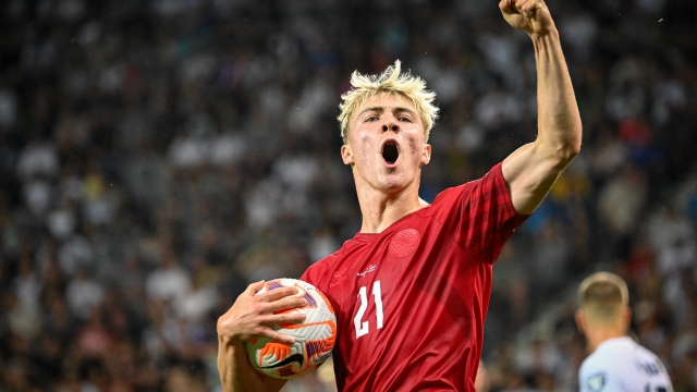 Denmark's forward Rasmus Hojlund celebrates after scoring a goal during Group H Euro 2024 Qualifying match between Slovenia and Denmark at the Stozice Stadium in Ljubljana, Slovenia on June 19, 2023. (Photo by Jure Makovec / AFP)