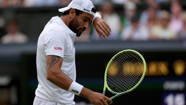 epa10738380 Matteo Berrettini of Italy reacts as he plays Carlos Alcaraz of Spain in their Men's Singles 4th round match against at the Wimbledon Championships, Wimbledon, Britain, 10 July 2023.  EPA/NEIL HALL   EDITORIAL USE ONLY