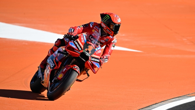 Ducati Italian rider Francesco Bagnaia rides during the first free practice session of the MotoGP Valencia Grand Prix at the Ricardo Tormo racetrack in Cheste, on November 24, 2023. (Photo by JAVIER SORIANO / AFP)