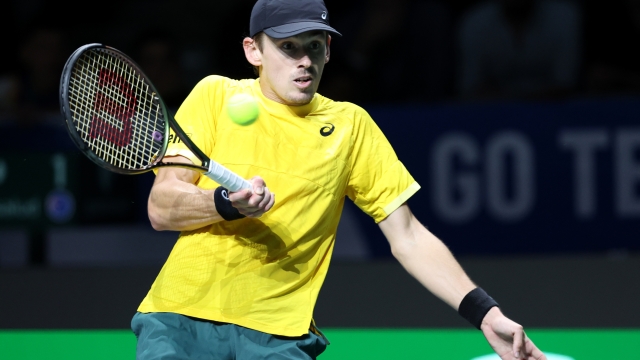 MALAGA, SPAIN - NOVEMBER 24: Alex De Minaur of Australia plays a forehand during the Semi-Final match against Emil Ruusuvuori of Finland in the Davis Cup Final at Palacio de Deportes Jose Maria Martin Carpena on November 24, 2023 in Malaga, Spain. (Photo by Clive Brunskill/Getty Images for ITF)