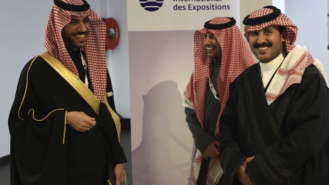 Members of the Saudi Arabia delegation gather shortly before the vote at the Bureau International des Expositions or BIE, Tuesday, Nov. 28, 2023 in Issy-les-Moulineaux, outside Paris. Saudi Arabia's capital Riyadh was chosen to host the 2030 World Expo, beating out South Korean port city Busan and Rome for an event expected to draw millions of visitors. (AP Photo/Aurelien Morissard)