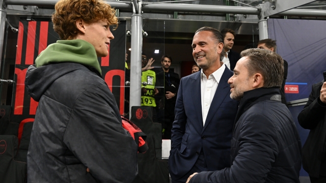 MILAN, ITALY - NOVEMBER 28:  Jannik Sinner , Gerry Cardinale and Giorgio Furlani attend before the UEFA Champions League match between AC Milan and Borussia Dortmund at Stadio Giuseppe Meazza on November 28, 2023 in Milan, Italy. (Photo by Claudio Villa/AC Milan via Getty Images)
