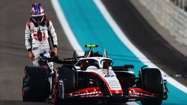 ABU DHABI, UNITED ARAB EMIRATES - NOVEMBER 24: Nico Hulkenberg of Germany and Haas F1 looks on after crashing during practice ahead of the F1 Grand Prix of Abu Dhabi at Yas Marina Circuit on November 24, 2023 in Abu Dhabi, United Arab Emirates. (Photo by Mark Thompson/Getty Images)