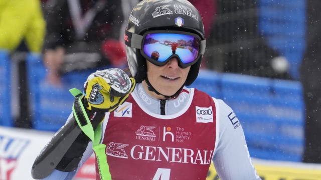 Federica Brignone of Italy arrives at the end of the course as she races in the women's World Cup giant slalom in Mont Tremblant, Québec, Saturday, Dec. 2, 2023. (Frank Gunn/The Canadian Press via AP)
