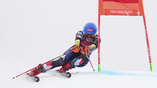 Mikaela Shiffrin of the USA speeds down the course as she races in the women's World Cup giant slalom in Mont Tremblant, Que., Saturday, Dec. 2, 2023. (Sean Kilpatrick /The Canadian Press via AP)
