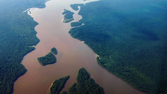 Aerial view showing the Essequibo River running in a section of the Amazon rainforest in the Potaro-Siparuni region of Guyana, taken on September 24, 2022. - Despite the dispute with Guyana, the Esequibo region is a destination of migration from Venezuela. Guyana defends a limit established in 1899 by an arbitration court in Paris, while Venezuela claims the Geneva Agreement, signed in 1966 with the United Kingdom before Guyanese independence, which established the basis for a negotiated solution and ignored the previous treaty. But the Guyanese government is promoting a process in the International Court of Justice (ICJ) to ratify the current borders and put an end to the dispute. (Photo by Patrick FORT / AFP)