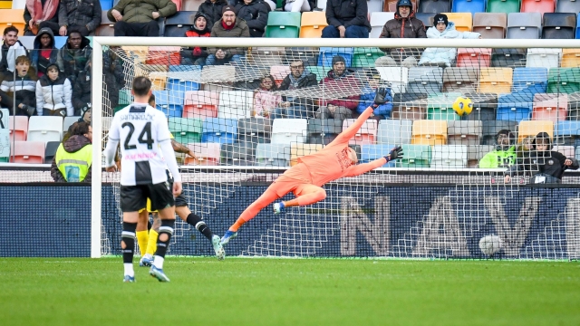Udinese's Lorenzo Lucca scores a goal during the italian soccer Serie A match between Udinese Calcio vs Hellas Verona FC on december 03, 2023 at the Bluenergy stadium in Udine, Italy ANSA/ ETTORE GRIFFONI