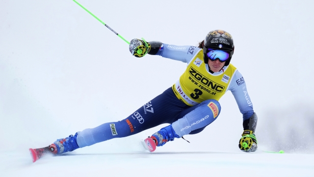 Federica Brignone of Italy speeds down the course as she races in the women's World Cup giant slalom in Mont Tremblant, Que., Sunday, Dec. 3, 2023. (Sean Kilpatrick /The Canadian Press via AP)