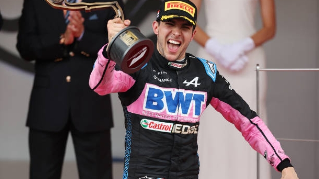 MONTE-CARLO, MONACO - MAY 28: Third placed Esteban Ocon of France and Alpine F1 celebrates on the podium during the F1 Grand Prix of Monaco at Circuit de Monaco on May 28, 2023 in Monte-Carlo, Monaco. (Photo by Ryan Pierse/Getty Images