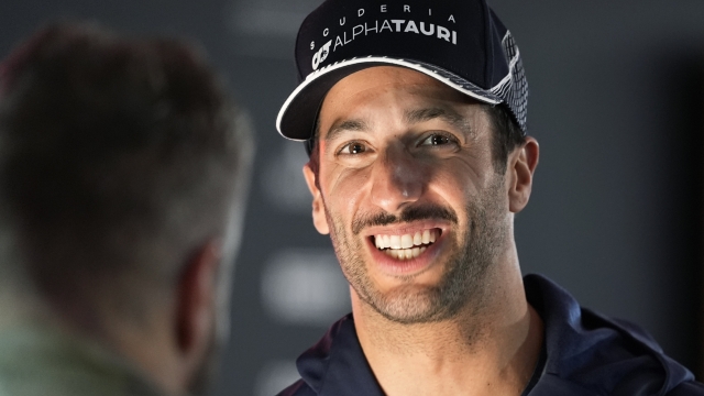 AlphaTauri driver Daniel Ricciardo, of Australia, speaks to the media ahead of the Formula One Las Vegas Grand Prix auto race, Wednesday, Nov. 15, 2023, in Las Vegas. (AP Photo/Nick Didlick)
