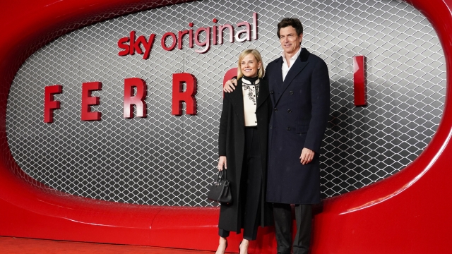Toto Wolff, right, and his wife Susie Wolff arrive at the premiere of the film Ferrari, Monday, Dec. 4, 2023, in London. (Photo by Alberto Pezzali/Invision/AP)