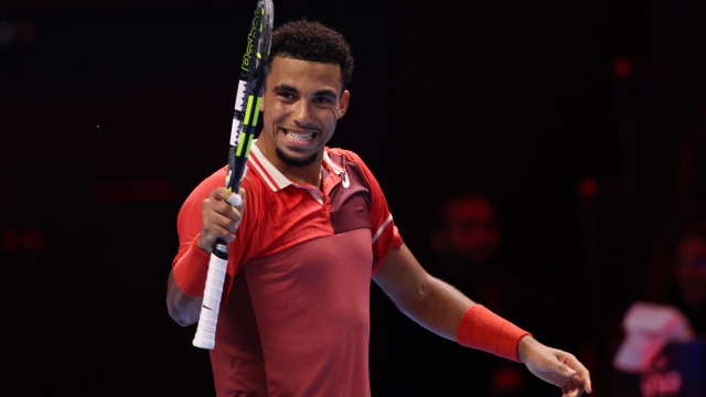 JEDDAH, SAUDI ARABIA - DECEMBER 02: Arthur Fils of France celebrates winning the fourth set point against Hamad Medjedovic of Serbia during day five of the Next Gen ATP Finals at King Abdullah Sports City on December 02, 2023 in Jeddah, Saudi Arabia. (Photo by Adam Pretty/Getty Images)