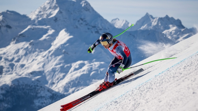 Italy's Sofia Goggia competes during the Women's Downhill race at the FIS Alpine Skiing World Cup event in St. Moritz, Switzerland, on December 9, 2023. (Photo by Fabrice COFFRINI / AFP)