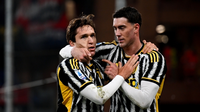 GENOA, ITALY - DECEMBER 15: Federico Chiesa of Juventus celebrates 0-1 goal with Dusan Vlahovic during the Serie A TIM match between Genoa CFC and Juventus at Stadio Luigi Ferraris on December 15, 2023 in Genoa, Italy. (Photo by Daniele Badolato - Juventus FC/Juventus FC via Getty Images)