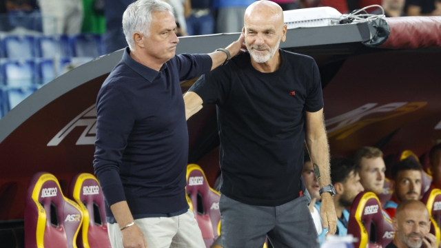 AS Roma's head coach Jose Mourinho (L) and AC Milan's head coach Stefano Pioli during the Italian Serie A soccer match between AS Roma and AC Milan at the Olimpico stadium in Rome, Italy, 01 September 2023. ANSA/FABIO FRUSTACI