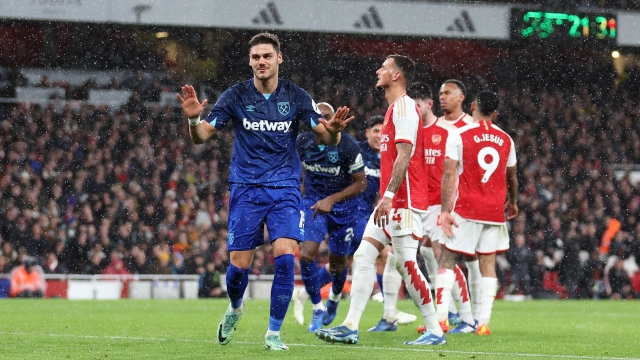 LONDON, ENGLAND - DECEMBER 28: Konstantinos Mavropanos of West Ham United celebrates after scoring their team's second goal during the Premier League match between Arsenal FC and West Ham United at Emirates Stadium on December 28, 2023 in London, England. (Photo by Catherine Ivill/Getty Images)