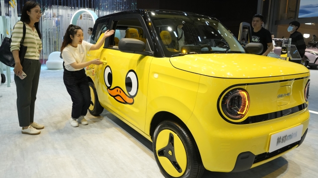 A yellow variant of the electric Panda mini from Chinese automaker Geely is displayed during the Auto Shanghai 2023 show in Shanghai, Wednesday, April 19, 2023. Auto Shanghai 2023 reflects the intense competition in China's fast-growing electric vehicle market after the ruling Communist Party poured billions of dollars into promoting the technology. China accounted for two-thirds of global electrics sales last year. (AP Photo/Ng Han Guan)
