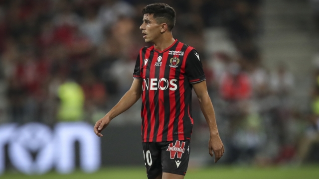 FILE - Nice's Youcef Atal looks across the field during the French League One soccer match between Nice and Marseille at the Allianz Riviera stadium in Nice, southern France, on Aug. 28, 2019. French authorities detained Nice defender Youcef Atal and ordered him to stand trial next month on charges of inciting hatred after he shared an antisemitic message online, the regional prosecutor?s office said Friday Nov. 24, 2023. (AP Photo/Daniel Cole, File)