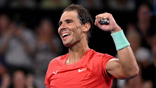 Spain's Rafael Nadal celebrates victory after his men's singles match against Jason Kubler of Australia at the Brisbane International tennis tournament in Brisbane on January 4, 2024. (Photo by William WEST / AFP) / --IMAGE RESTRICTED TO EDITORIAL USE - STRICTLY NO COMMERCIAL USE--