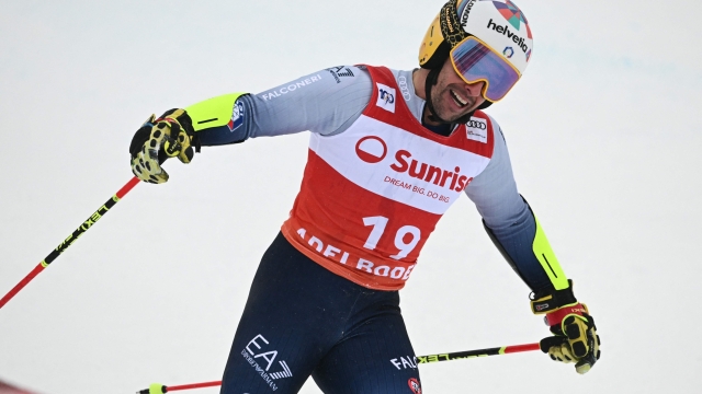 Italys Luca De Aliprandini reacts after the second run of the Men's Giant Slalom event during the FIS Alpine Ski World Cup event in Adelboden, Switzerland, on January 6, 2024. (Photo by FABRICE COFFRINI / AFP)
