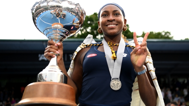 AUCKLAND, NEW ZEALAND - JANUARY 07: Coco Gauff of USA celebrates with the trophy after winning the Women's singles final match against Elina Svitolina of Ukraine during the 2024 Women's ASB Classic at ASB Tennis Centre on January 07, 2024 in Auckland, New Zealand. (Photo by Hannah Peters/Getty Images)