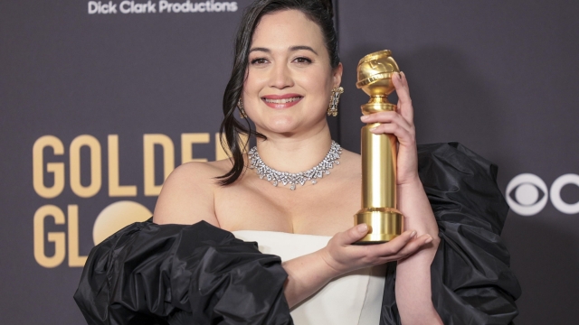 epa11063628 US actor Lily Gladstone poses with the Golden Globe for Best Performance by a Female Actor in a Motion Picture - Drama for 'Killers of the Flower Moon' in the press room during the 81st annual Golden Globe Awards ceremony at the Beverly Hilton Hotel in Beverly Hills, California, USA, 07 January 2024. Artists in various film and television categories are awarded Golden Globes by the Hollywood Foreign Press Association.  EPA/ALLISON DINNER