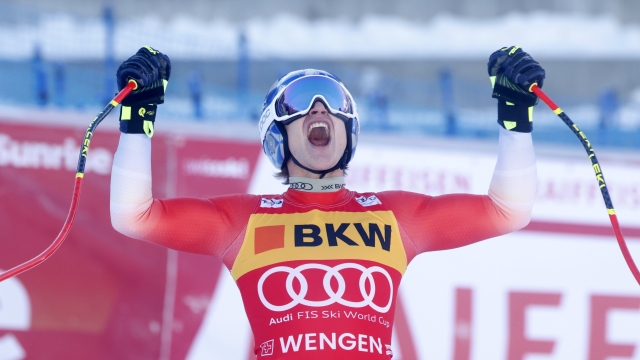 WENGEN, SWITZERLAND - JANUARY 11: Marco Odermatt of Team Switzerland takes 1st place during the Audi FIS Alpine Ski World Cup Men's Downhill on January 11, 2024 in Wengen, Switzerland. (Photo by Alexis Boichard/Agence Zoom/Getty Images)