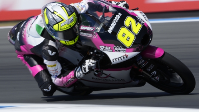 Italian rider Stefano Nepa of the Angeluss MTA Team steers his motorcycle during the Moto3 race at the Dutch Grand Prix in Assen, northern Netherlands, Sunday, June 25, 2023. (AP Photo/Peter Dejong)