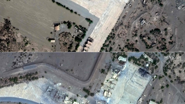 (COMBO) This combination of pictures created on January 12, 2024 shows (top) this handout satellite picture courtesy of Maxar Technologies shows shelters in Hodeida airfield, in Hodeida, Yemen on January 25, 2023, before airstrikes by the United States and Britain, (bottom) this handout satellite picture courtesy of Maxar Technologies shows destroyed shelters in Hodeida airfield, in Hodeida, Yemen on January 12, 2024, after airstrikes by the United States and Britain. Yemen's Huthis launched an anti-ship ballistic missile on January 12, 2024 in retaliation for overnight American and British strikes targeting the Iran-backed rebels, a US general said.  The assessment of damage from the strikes by the United States and Britain -- which targeted nearly 30 locations using more than 150 munitions -- is still ongoing, Sims said, noting however that the number of casualties is not expected to be high. (Photo by Satellite image ©2024 Maxar Technologies / AFP) / RESTRICTED TO EDITORIAL USE - MANDATORY CREDIT "AFP PHOTO / Satellite image ©2024 Maxar Technologies" - NO MARKETING NO ADVERTISING CAMPAIGNS - DISTRIBUTED AS A SERVICE TO CLIENTS