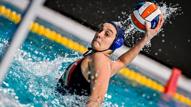 Chiara Tabani of Italy strikes at goal during the semifinal match between team Netherlands (white cap) vs. team Italy (blue cap) match of the European Water Polo Championship Women 2024 at Pieter van den Hoogenband Zwemstadion in Eindhoven (Netherlands), January 11th, 2024.