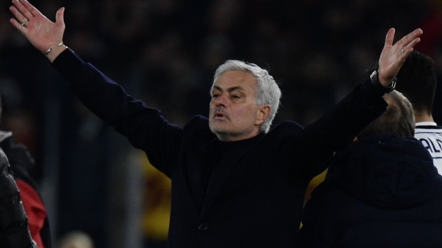 Roma's Portugese coach Jose Mourinho reacts during the Italian Serie A football match between AS Roma and Atalanta BC at the Olympic Stadium, in Rome, on January 7, 2024. (Photo by Filippo MONTEFORTE / AFP)