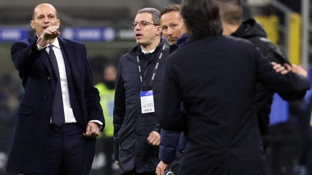 JuventusÂ?s coach Massimiliano Allegri (L) reacts with Inter MilanÂ?s coach Simone Inzaghi (R) during the Italian serie A soccer match between Fc Inter  and Juventus  Giuseppe Meazza stadium in Milan, 19 March  2023. ANSA / MATTEO BAZZI