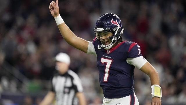 Houston Texans quarterback C.J. Stroud celebrates after a touchdown against the Cleveland Browns during the second half of an NFL wild-card playoff football game Saturday, Jan. 13, 2024, in Houston. (AP Photo/Eric Christian Smith)