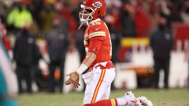 KANSAS CITY, MISSOURI - JANUARY 13: Patrick Mahomes #15 of the Kansas City Chiefs reacts after being knocked down during the second half against the Miami Dolphins in the AFC Wild Card Playoffs at GEHA Field at Arrowhead Stadium on January 13, 2024 in Kansas City, Missouri.   Jamie Squire/Getty Images/AFP (Photo by JAMIE SQUIRE / GETTY IMAGES NORTH AMERICA / Getty Images via AFP)