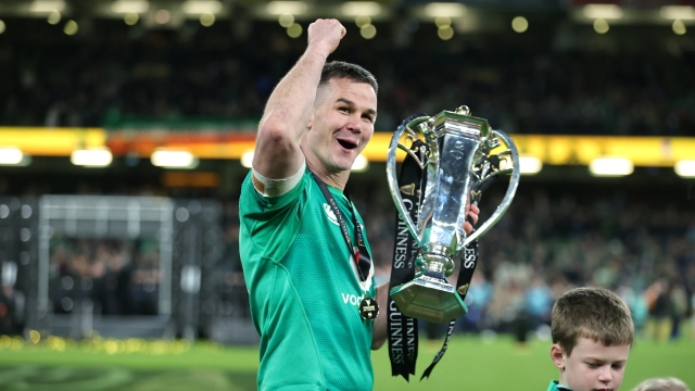 DUBLIN, IRELAND - MARCH 18: Johnny Sexton of Ireland celebrates with the Six Nations Trophy after Ireland complete a Grand Slam win during the Six Nations Rugby match between Ireland and England at Aviva Stadium on March 18, 2023 in Dublin, Ireland. (Photo by David Rogers/Getty Images)