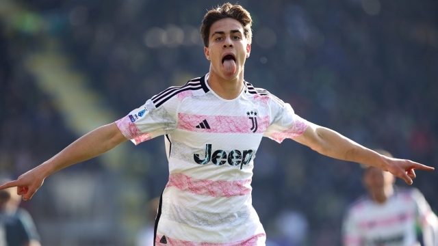 Kenan Yildiz of Juventus celebrates after scoring 0-1 goal during the Serie A soccer match between Frosinone Calcio and Juventus FC at Benito Stirpe stadium in Frosinone, Italy, 23 December 2023. ANSA/FEDERICO PROIETTI