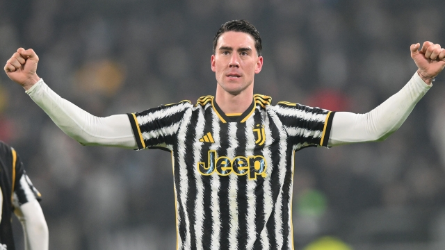 Juventus' Dusan Vlahovic jubilates after scoring the goal (2-0) during the Italian Serie A soccer match Juventus FC vs US Sassuolo at the Allianz Stadium in Turin, Italy, 16 January 2024. ANSA/ALESSANDRO DI MARCO