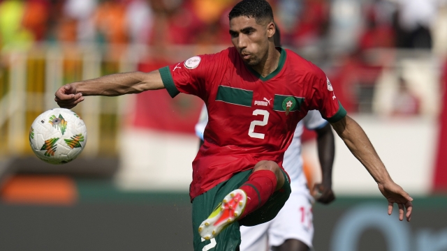 Morocco's Achraf Hakimi plays the ball during the African Cup of Nations Group F soccer match between Morocco and DR Congo, at the Laurent Pokou stadium in San Pedro, Ivory Coast, Sunday, Jan. 21, 2024. (AP Photo/Themba Hadebe)