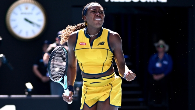 epa11097586 Coco Gauff of the USA celebrates after winning her quarter final match against Marta Kostyuk of Ukraine on Day 10 of the 2024 Australian Open at Melbourne Park in Melbourne, Australia, 23 January 2024.  EPA/JOEL CARRETT  AUSTRALIA AND NEW ZEALAND OUT