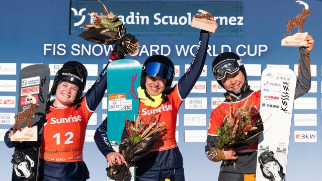 FIS Snowboard World Cup - Scuol SUI - PGS - Women's podium with 2nd CORATTI Jasmin ITA, 1st DALMASSO Lucia ITA and 3rd MIKI Tsubaki JPN © Miha Matavz/FIS