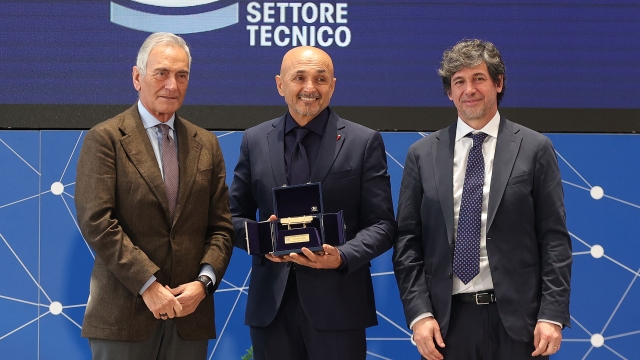 FLORENCE, ITALY - JANUARY 29: Gabriele Gravina president of FIGC, Luciano Spalletti manager of Italy and Demetrio Albertini of FIGC during the "Panchina D'Oro" award season 2022/2023 at Centro Tecnico Federale di Coverciano on January 29, 2024 in Florence, Italy.  (Photo by Gabriele Maltinti/Getty Images)
