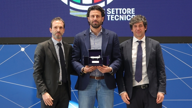 FLORENCE, ITALY - JANUARY 29: Umberto Calcagno, Fabio Grosso and Demetrio Albertini of FIGC during the "Panchina D'Oro" award season 2022/2023 at Centro Tecnico Federale di Coverciano on January 29, 2024 in Florence, Italy.  (Photo by Gabriele Maltinti/Getty Images)