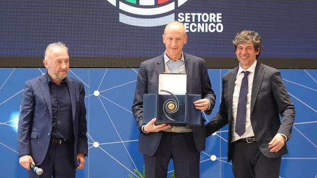 FLORENCE, ITALY - JANUARY 29: Alberto Zaccheroni, Roberto Samaden and Demetrio Albertini of FIGC during the "Panchina d'Oro" award season 2022/2023 at Centro Tecnico Federale di Coverciano on January 29, 2024 in Florence, Italy.  (Photo by Gabriele Maltinti/Getty Images)