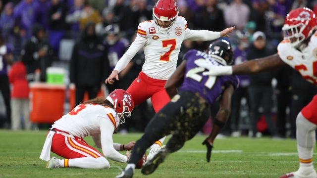 BALTIMORE, MARYLAND - JANUARY 28: Harrison Butker #7 of the Kansas City Chiefs kicks a field goal against the Baltimore Ravens during the second quarter in the AFC Championship Game at M&T Bank Stadium on January 28, 2024 in Baltimore, Maryland.   Rob Carr/Getty Images/AFP (Photo by Rob Carr / GETTY IMAGES NORTH AMERICA / Getty Images via AFP)
