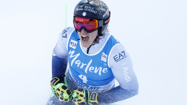 KRONPLATZ, ITALY - JANUARY 30: Federica Brignone of Team Italy celebrates during the Audi FIS Alpine Ski World Cup Women's Giant Slalom on January 30, 2024 in Kronplatz, Italy. (Photo by Alexis Boichard/Agence Zoom/Getty Images)