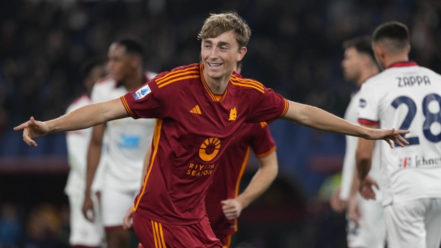 Roma's Dean Huijsen celebrates after scoring the fourth goal against Cagliari during a Serie A soccer match between Roma and Cagliari, at Rome's Olympic Stadium, on Monday, Feb. 5, 2024. (AP Photo/Andrew Medichini)